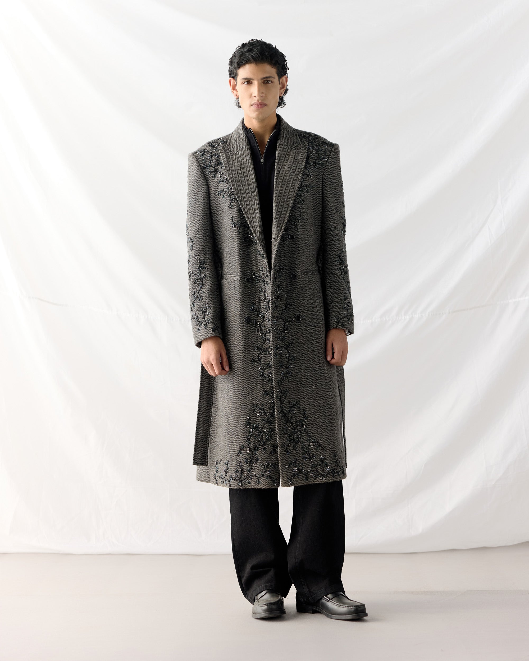 Midnight Vine Embroidered Wool Overcoat