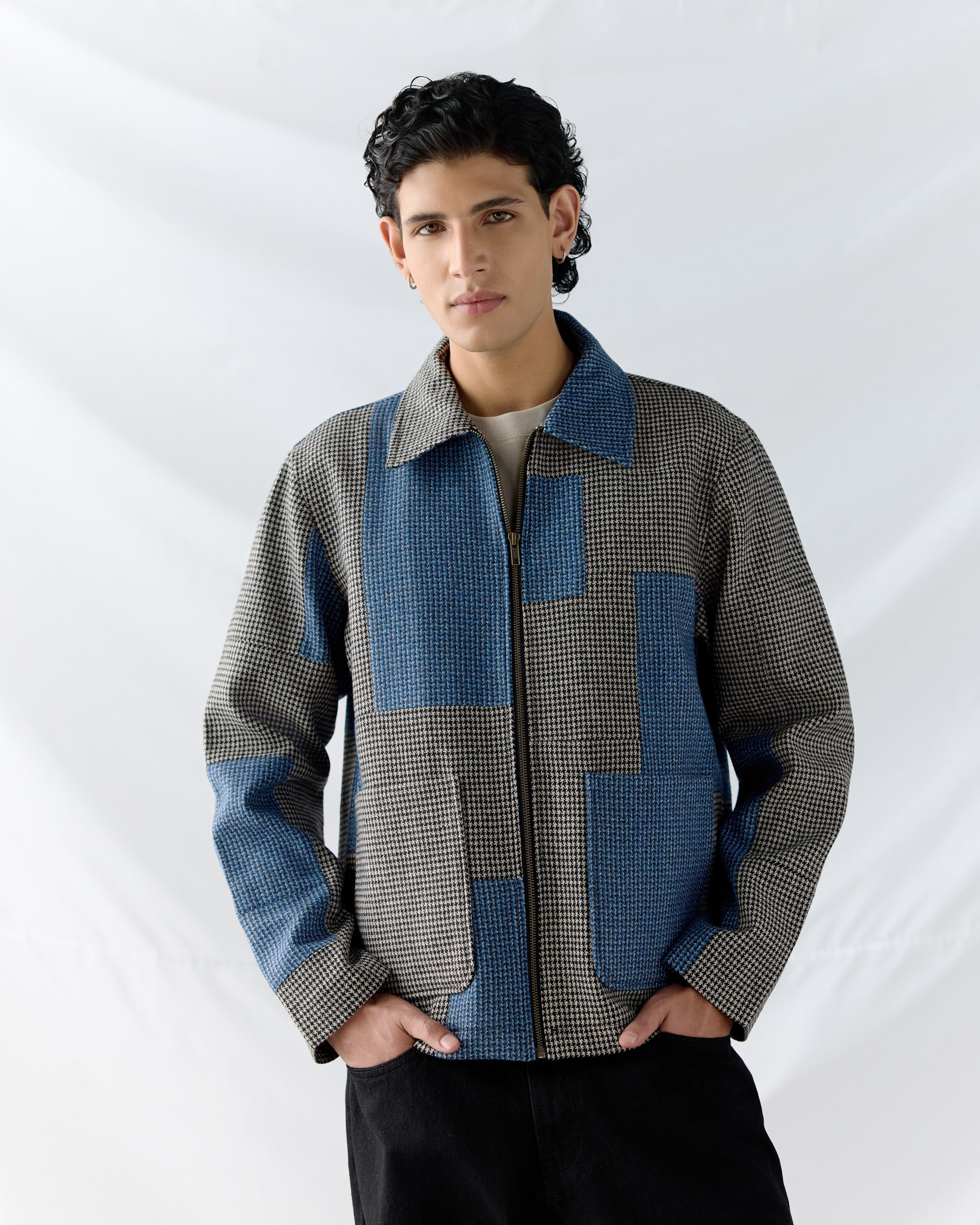 Patchwork wool zip up jacket
