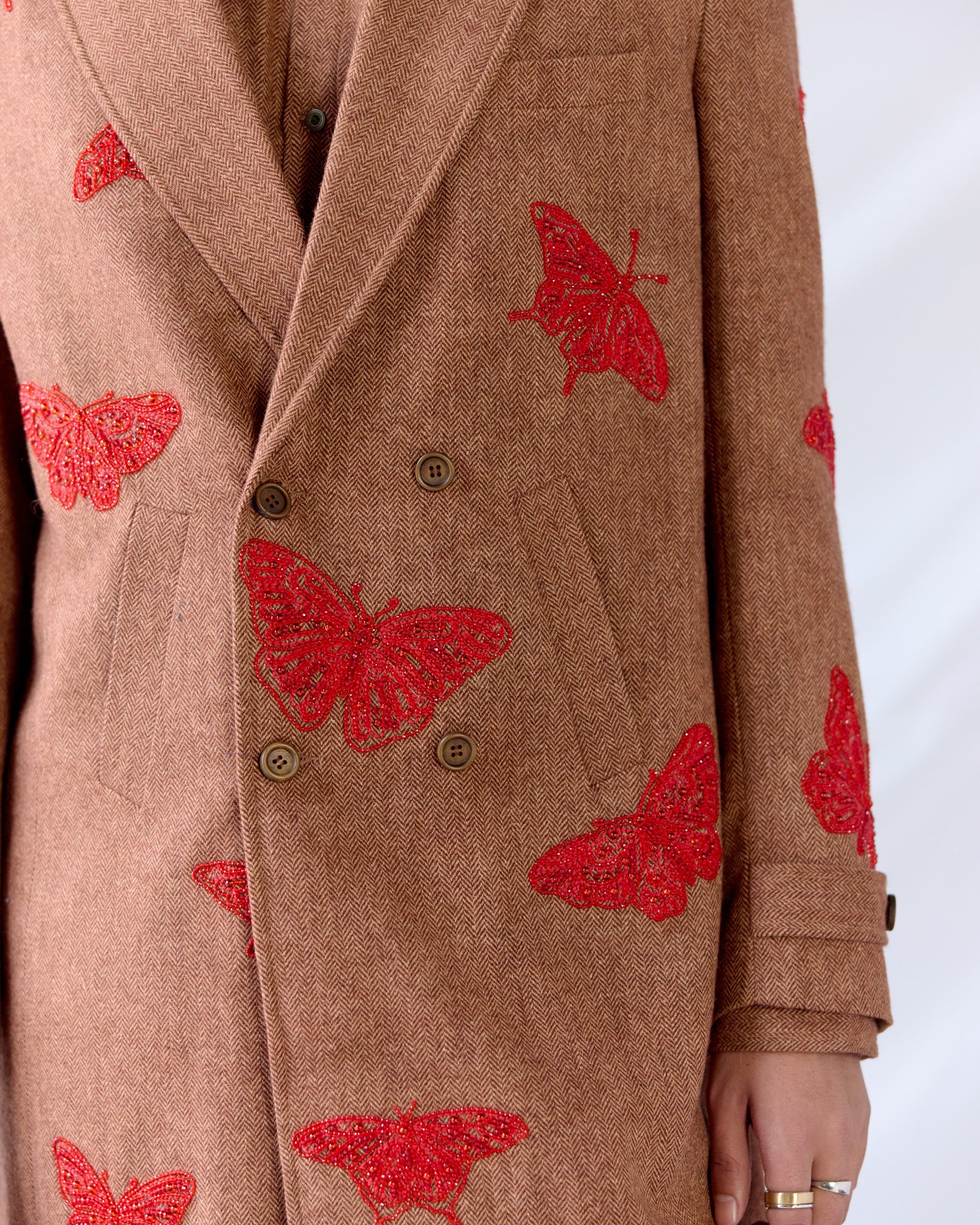 Butterfly Embroidered Wool Overcoat