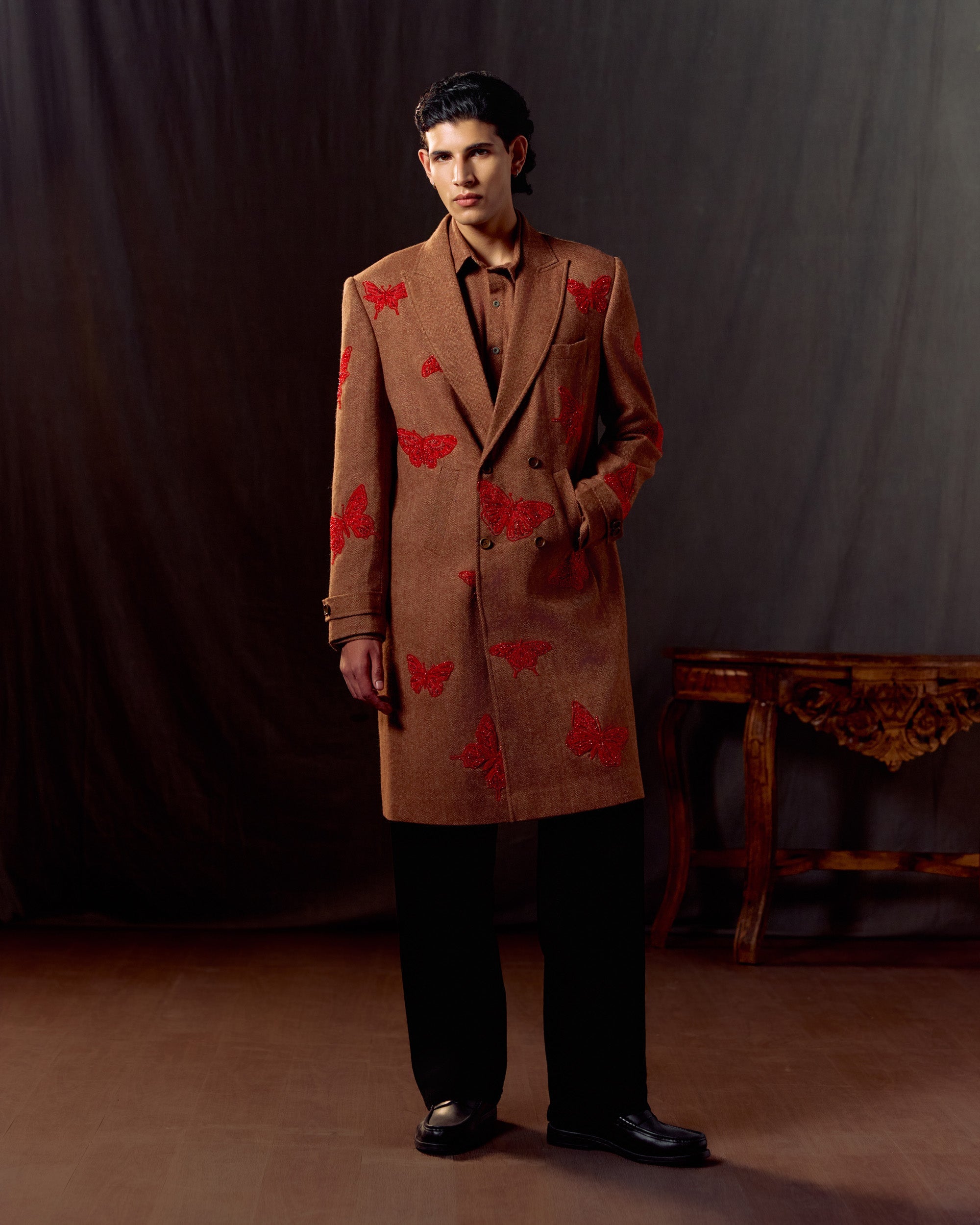 Butterfly Embroidered Wool Overcoat
