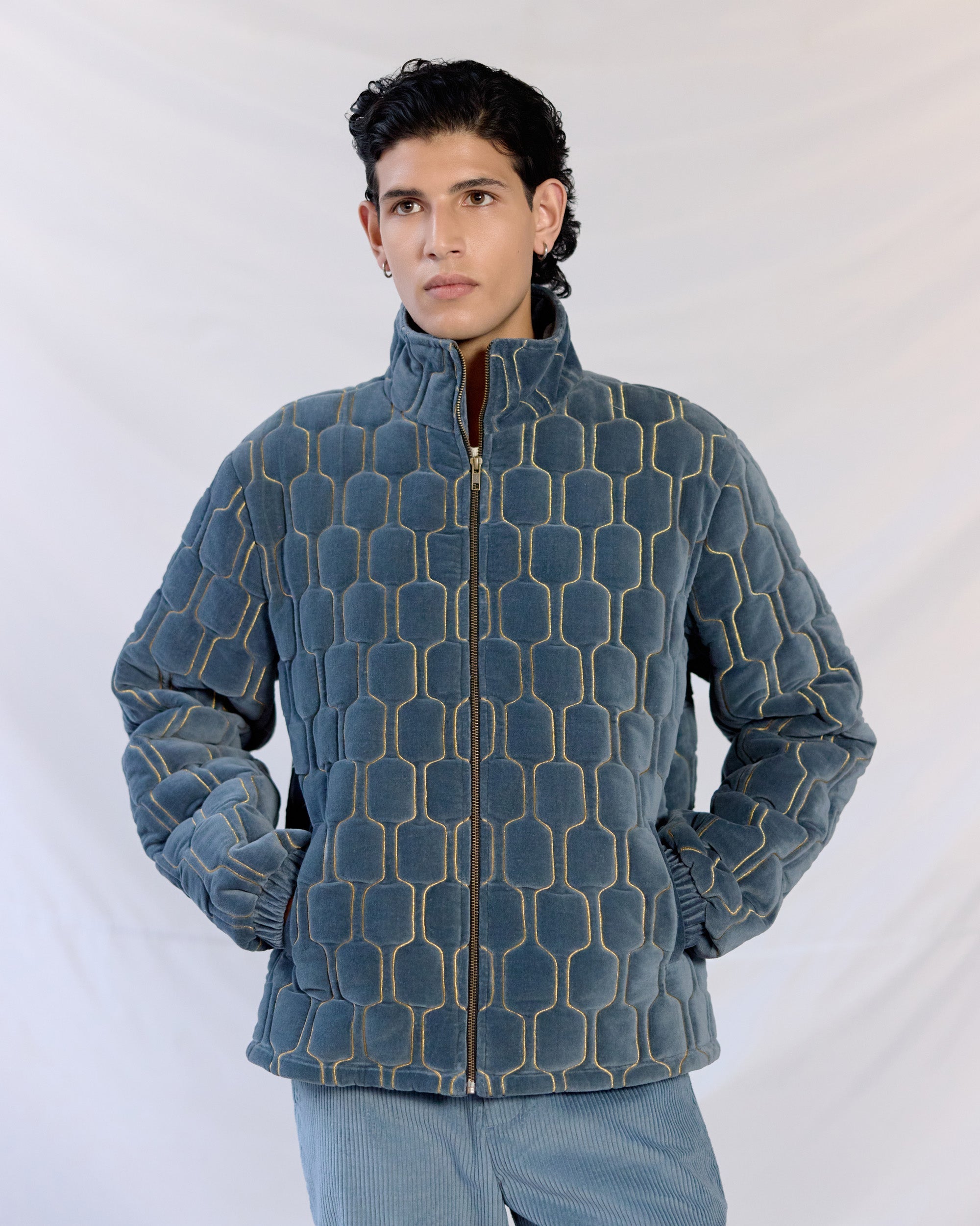 Geo-Quilted Velvet Jacket – Ice blue