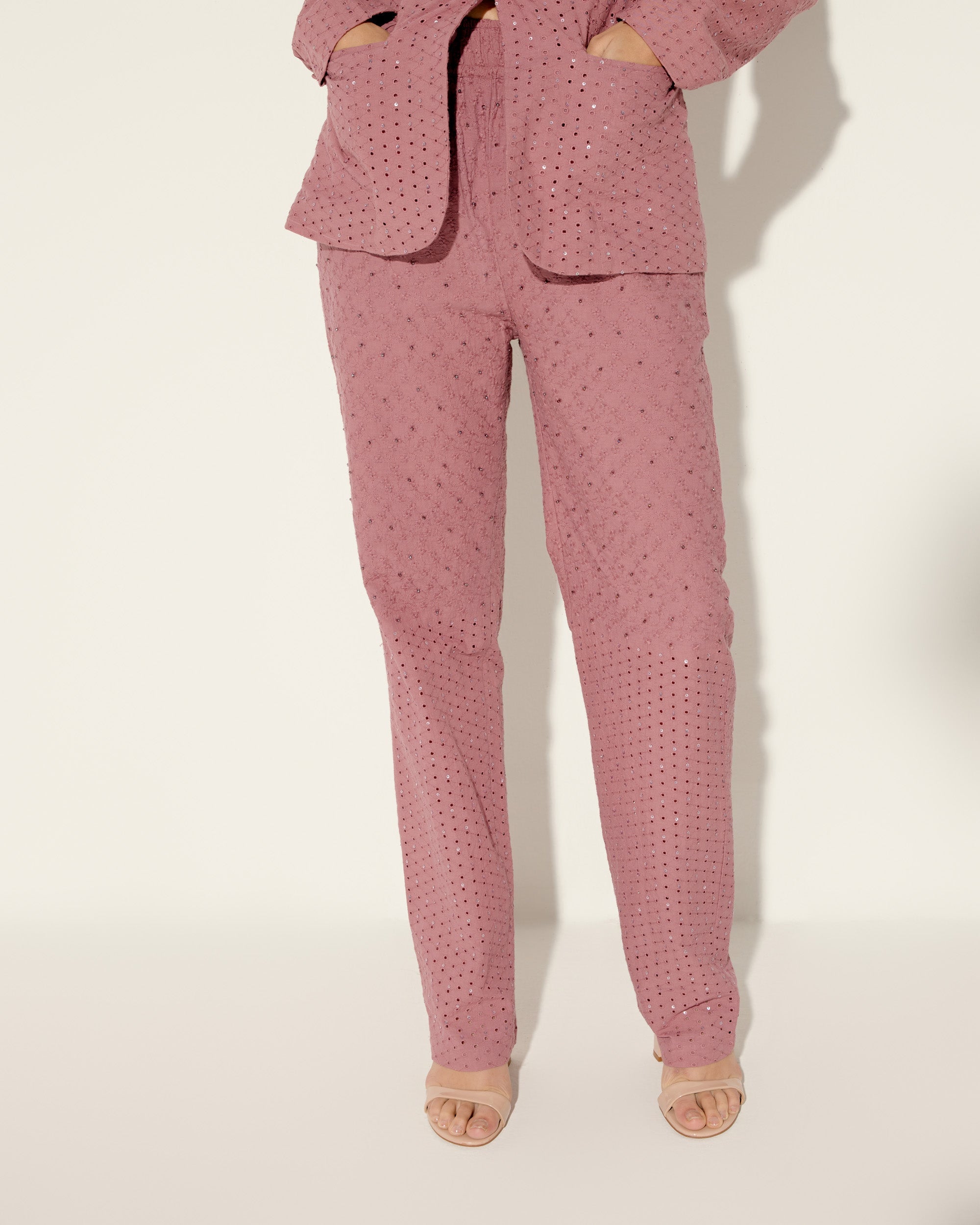 Coral pink hand embroidered pants