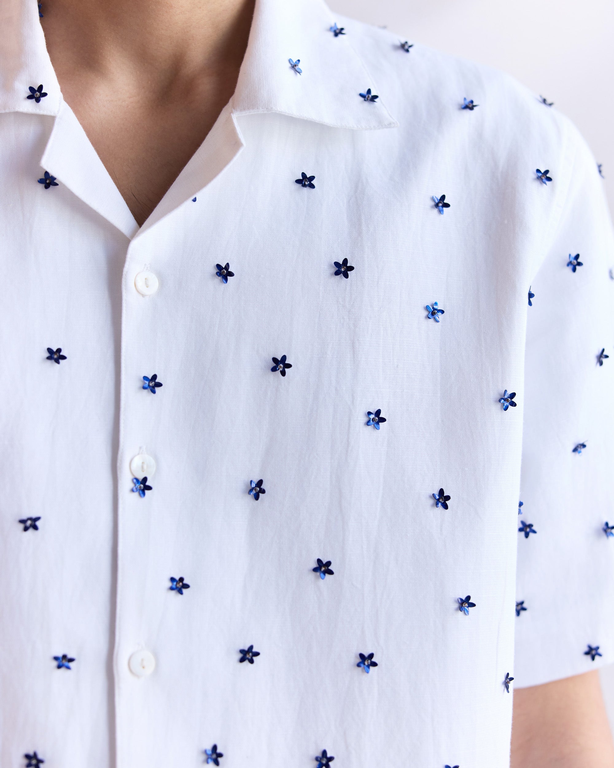 "Bleu Jardin" hand embroidered shirt