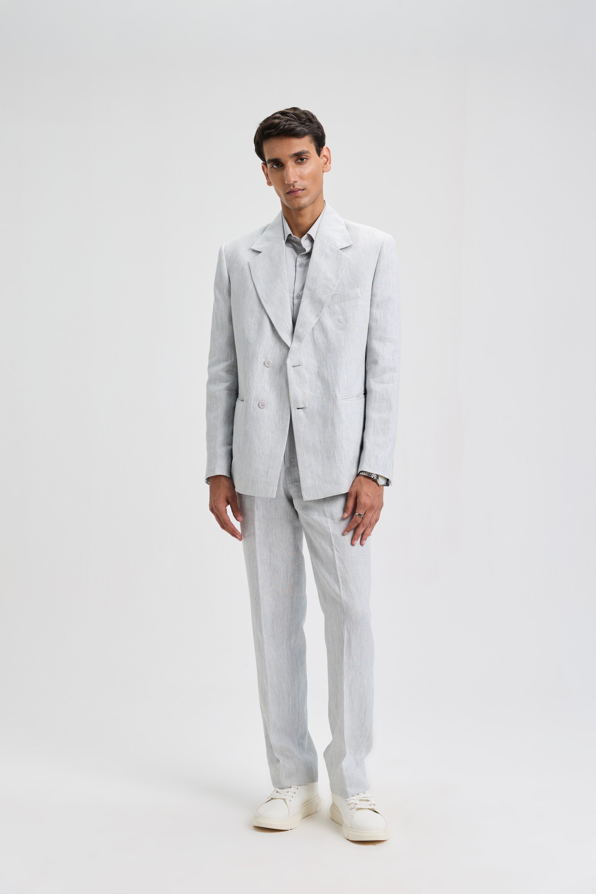 Classic Double-Breasted Linen Blazer- Light Grey