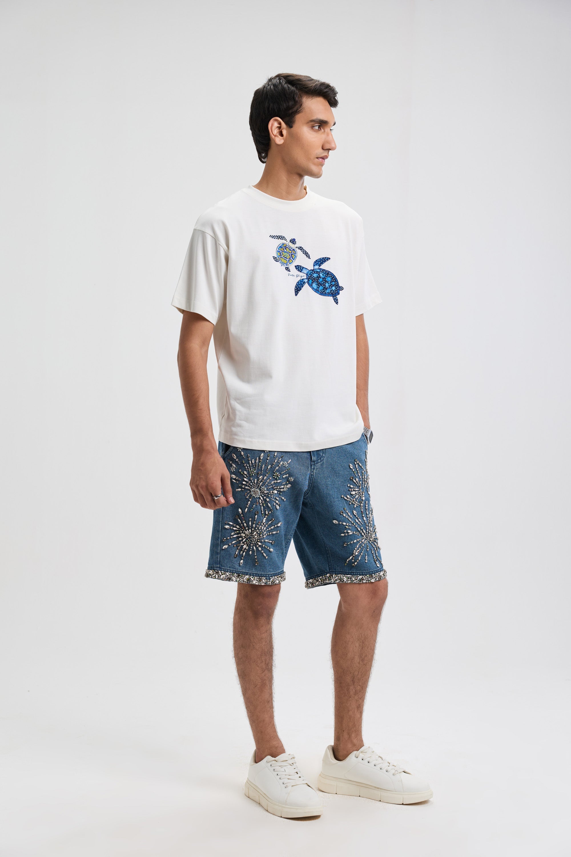 Celebration embroidered denim shorts
