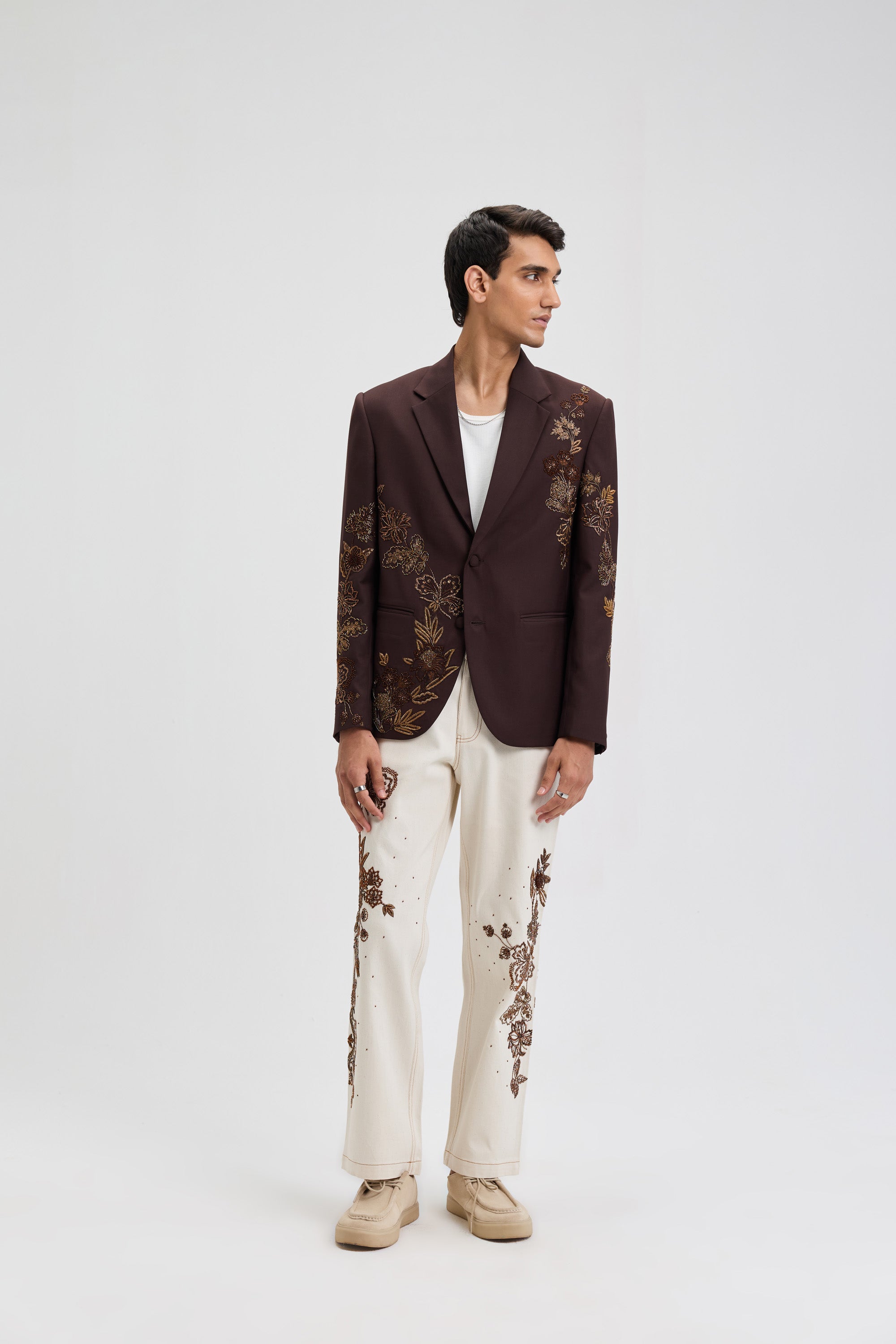 Ecru embroidered denim pants