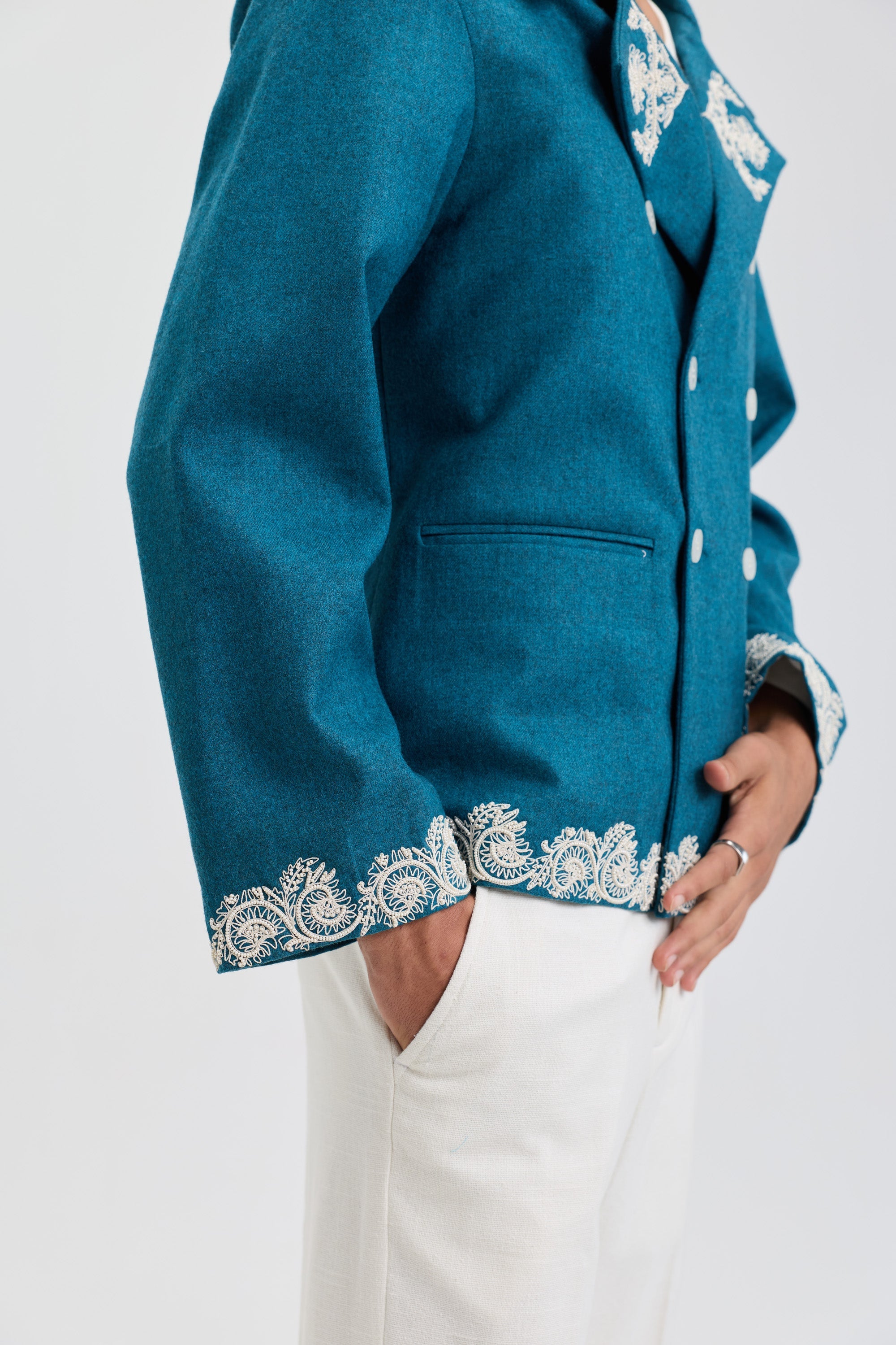 Beadwork merino wool peacoat