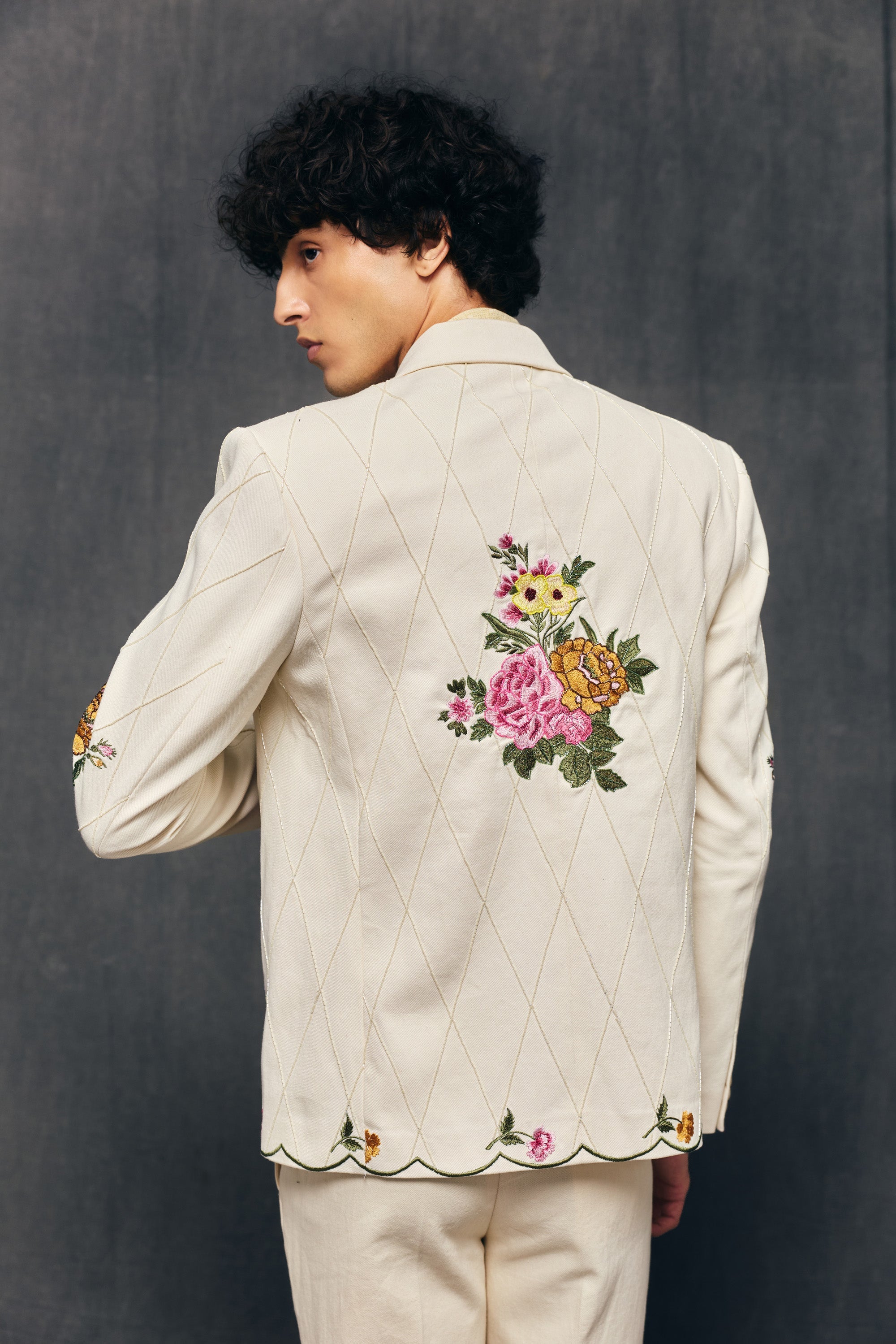 "Ivory bloom" hand embroidered blazer