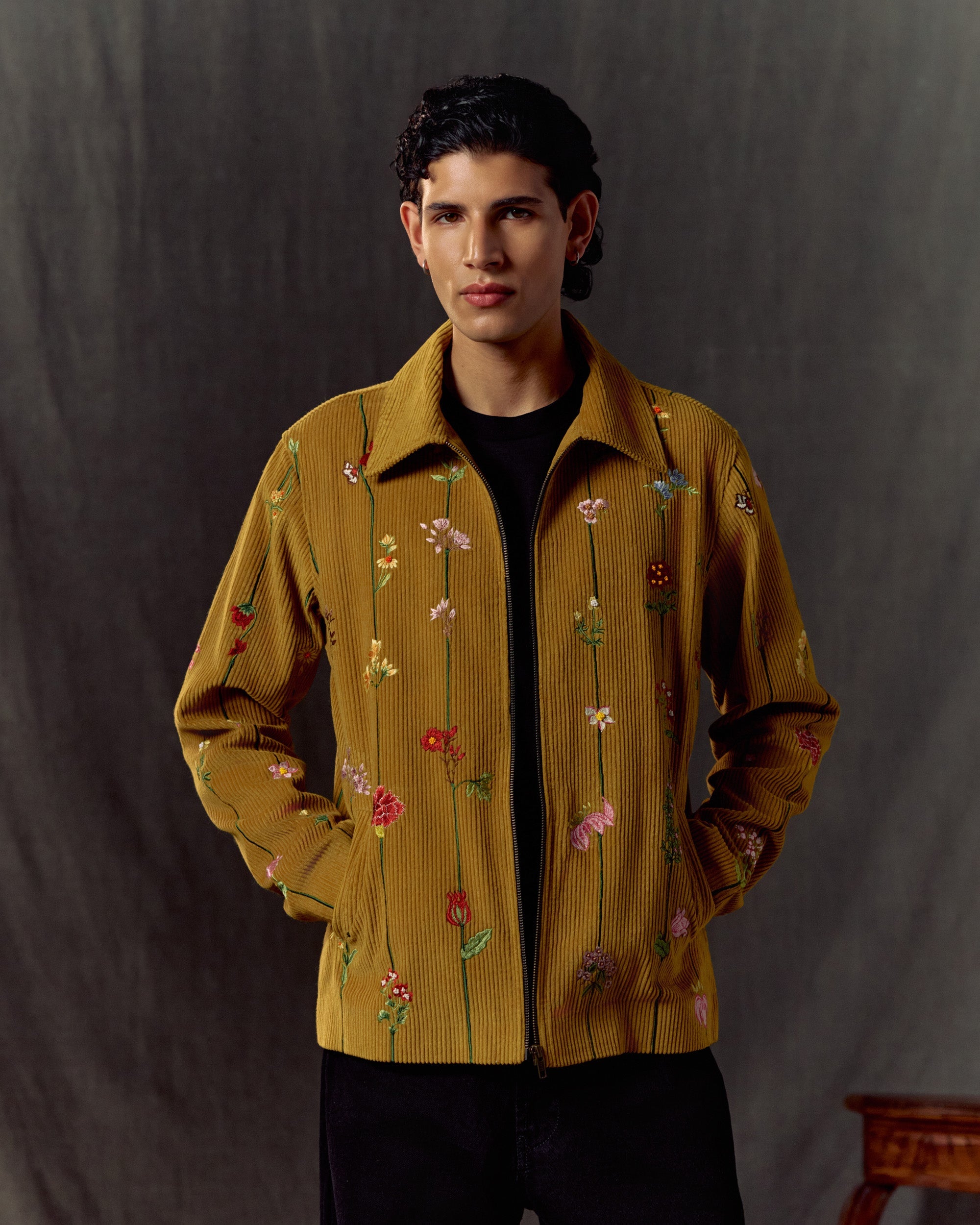Floral stripes corduroy jacket