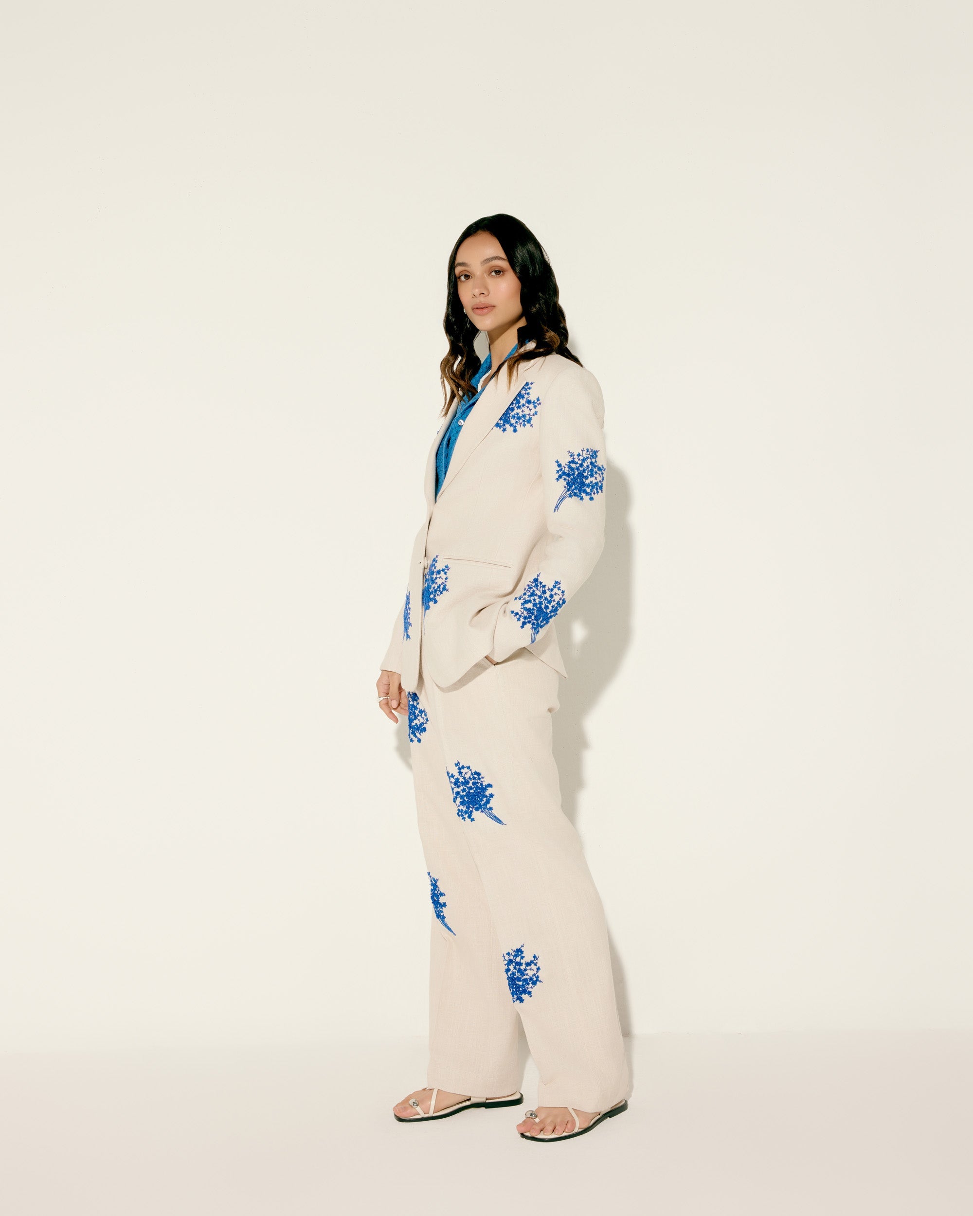 Blue floral embroidered wide leg pants