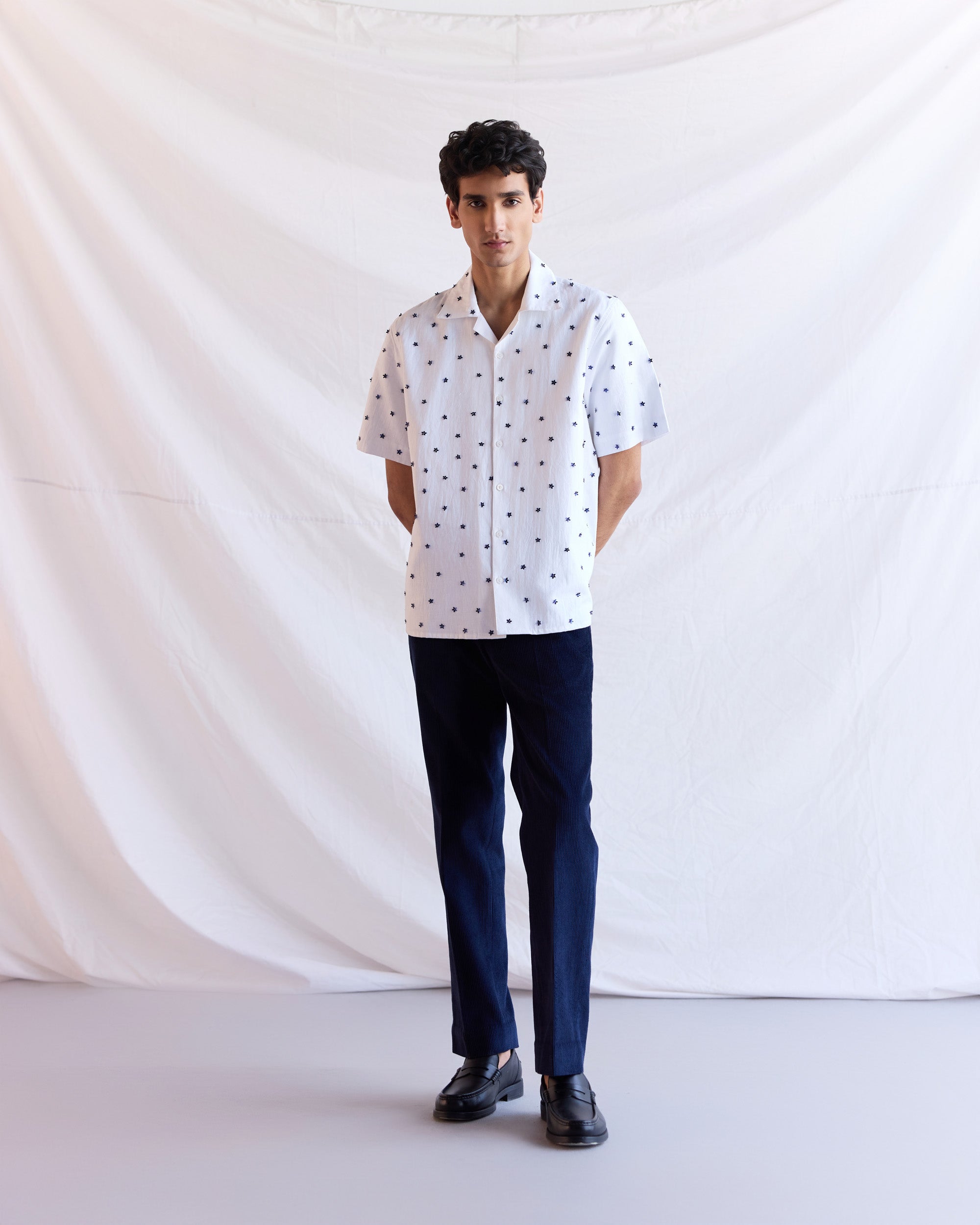 "Bleu Jardin" hand embroidered shirt