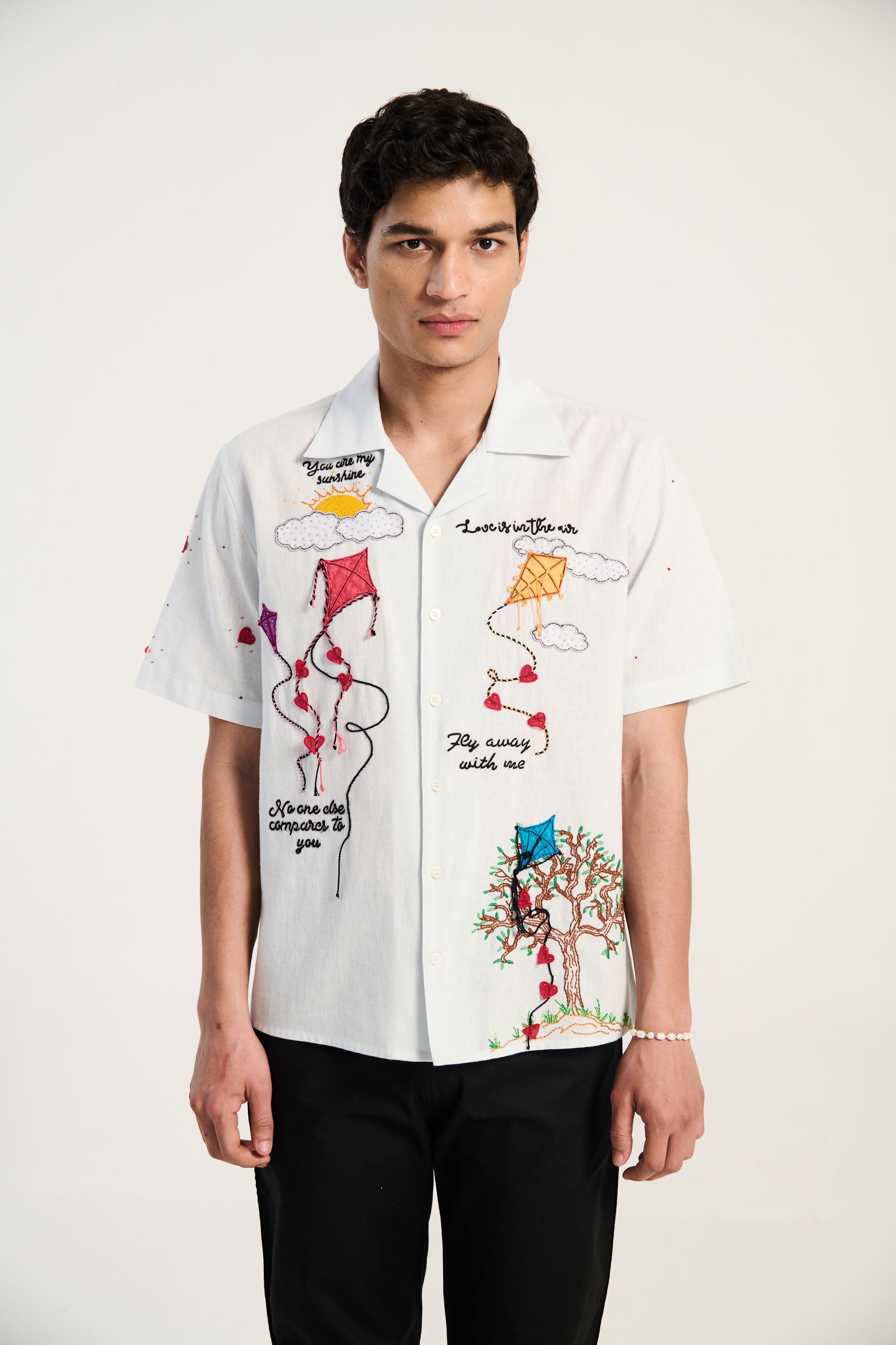 Love is in the air" hand embroidered shirt
