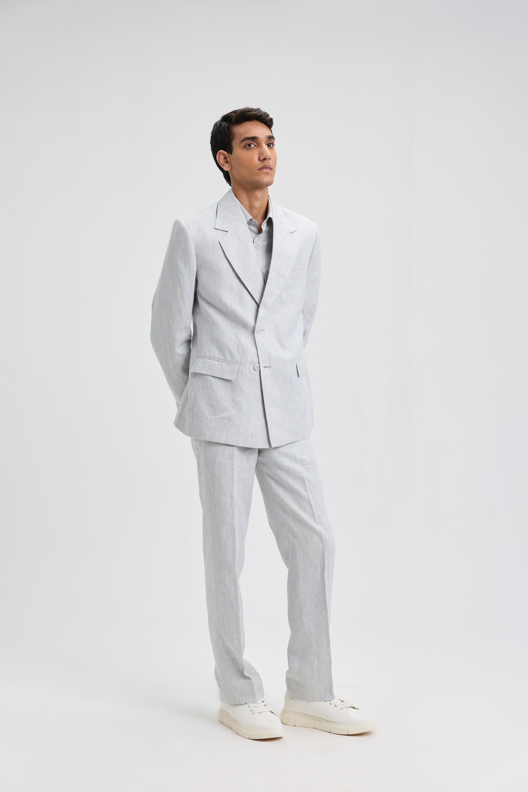 Classic Double-Breasted Linen Blazer- Light Grey