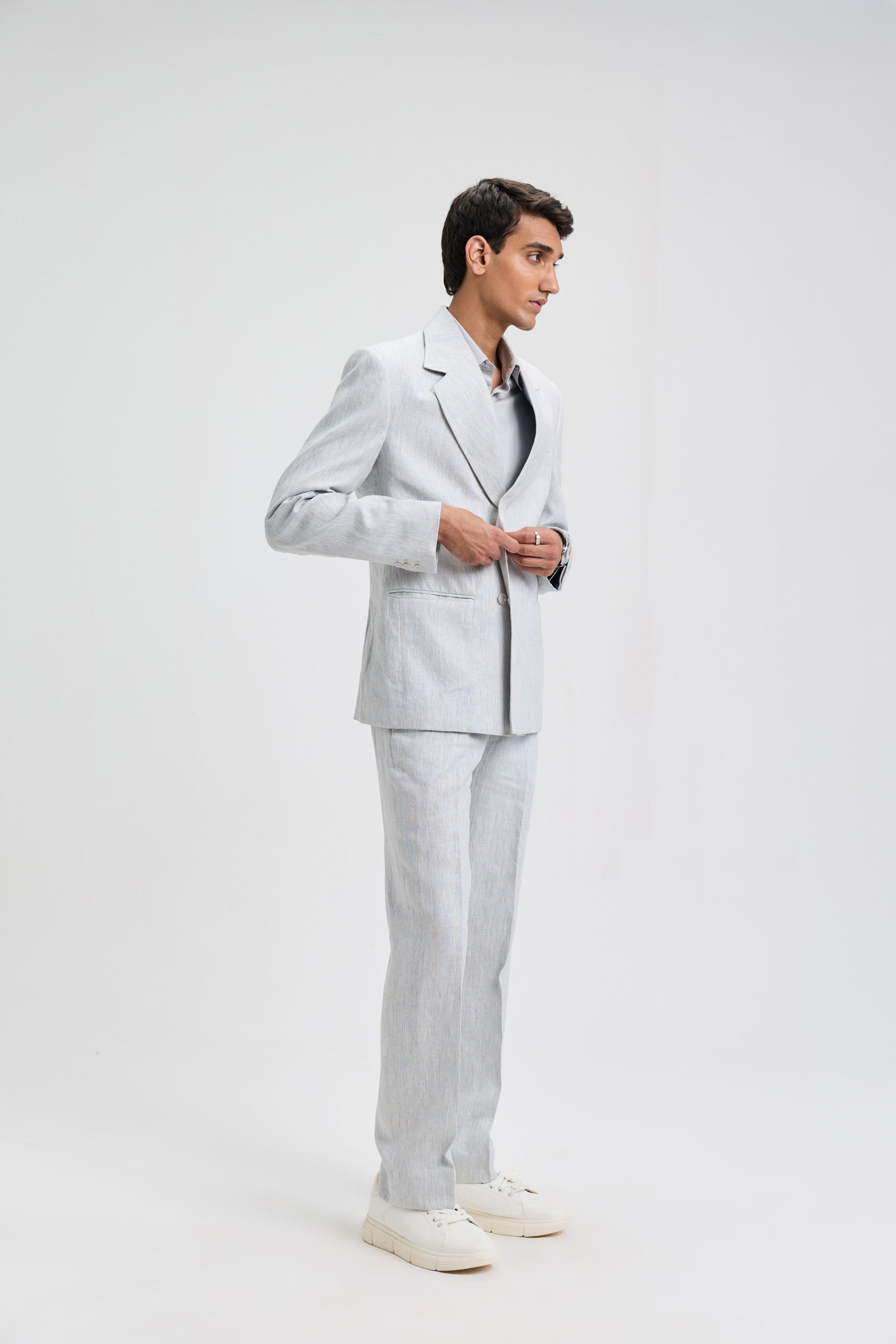Classic Double-Breasted Linen Blazer- Light Grey