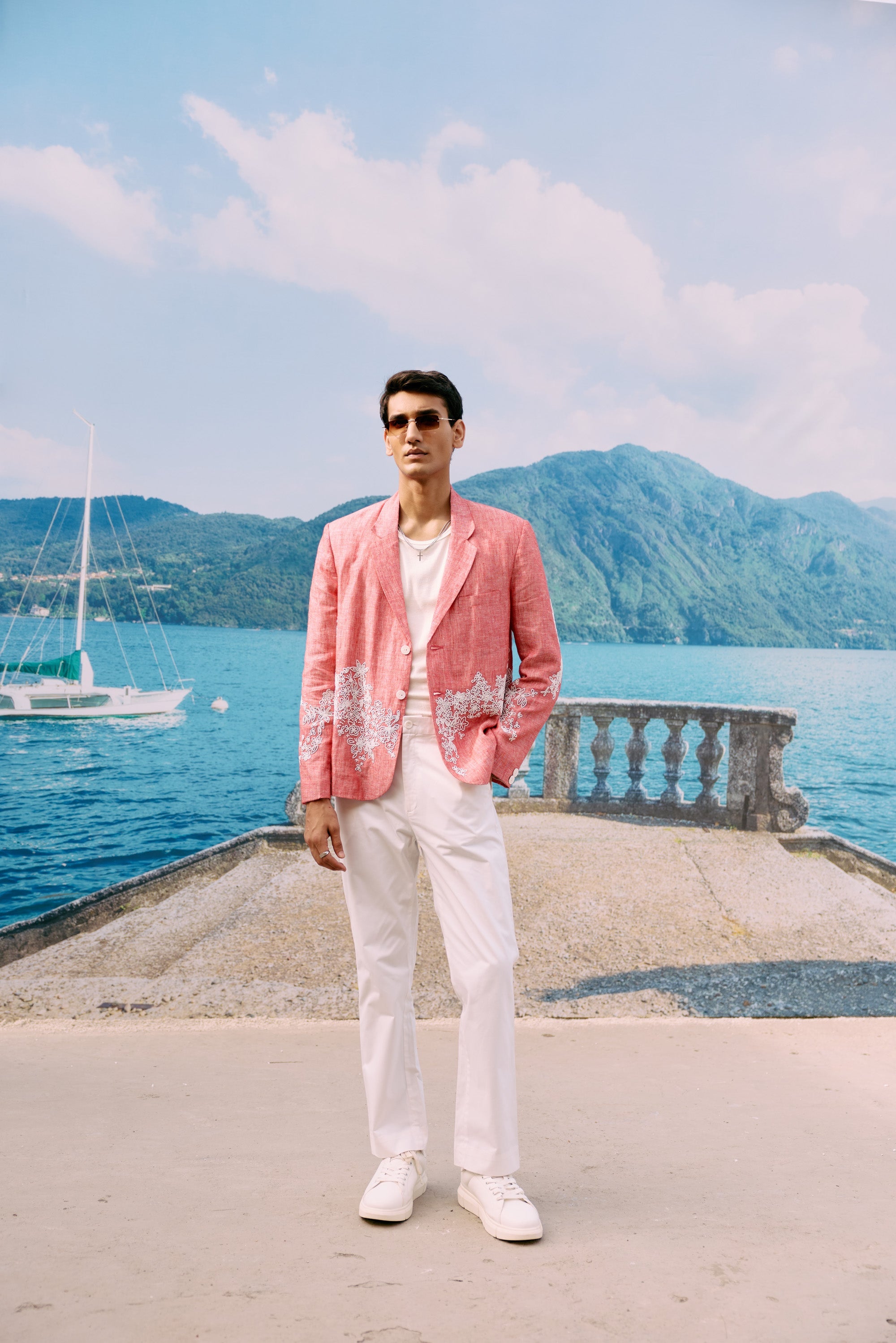 Hand embroidered floral beaded linen blazer