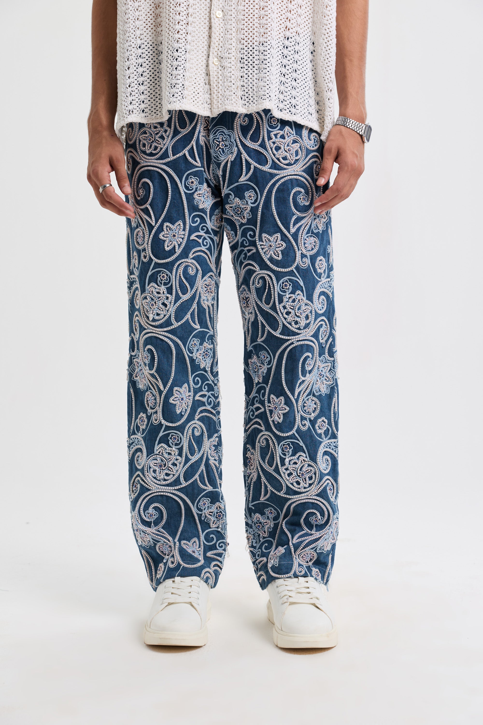 Paisley hand embroidered straight fit jeans