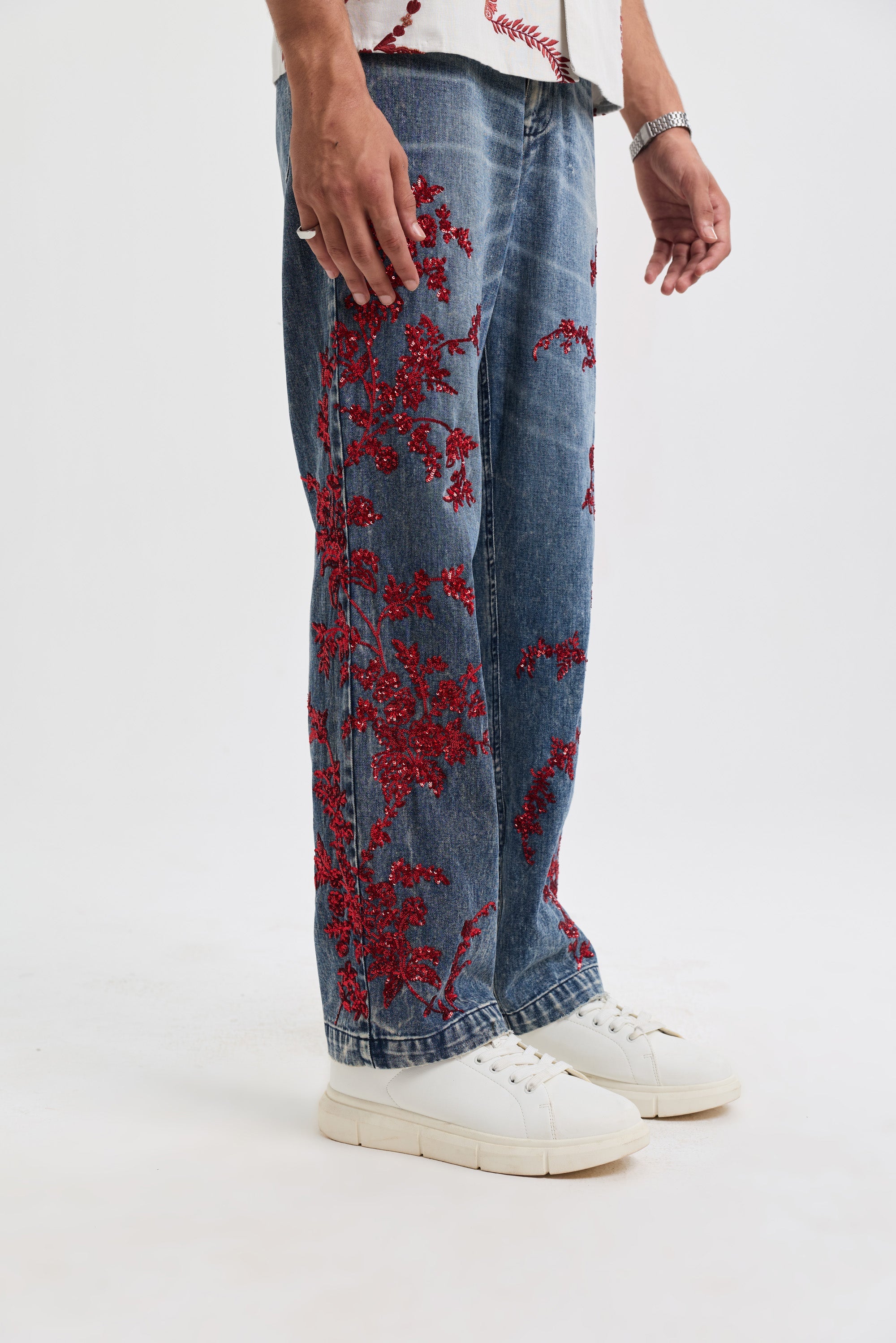 Mediterranean Floral Hand embroidered Denim