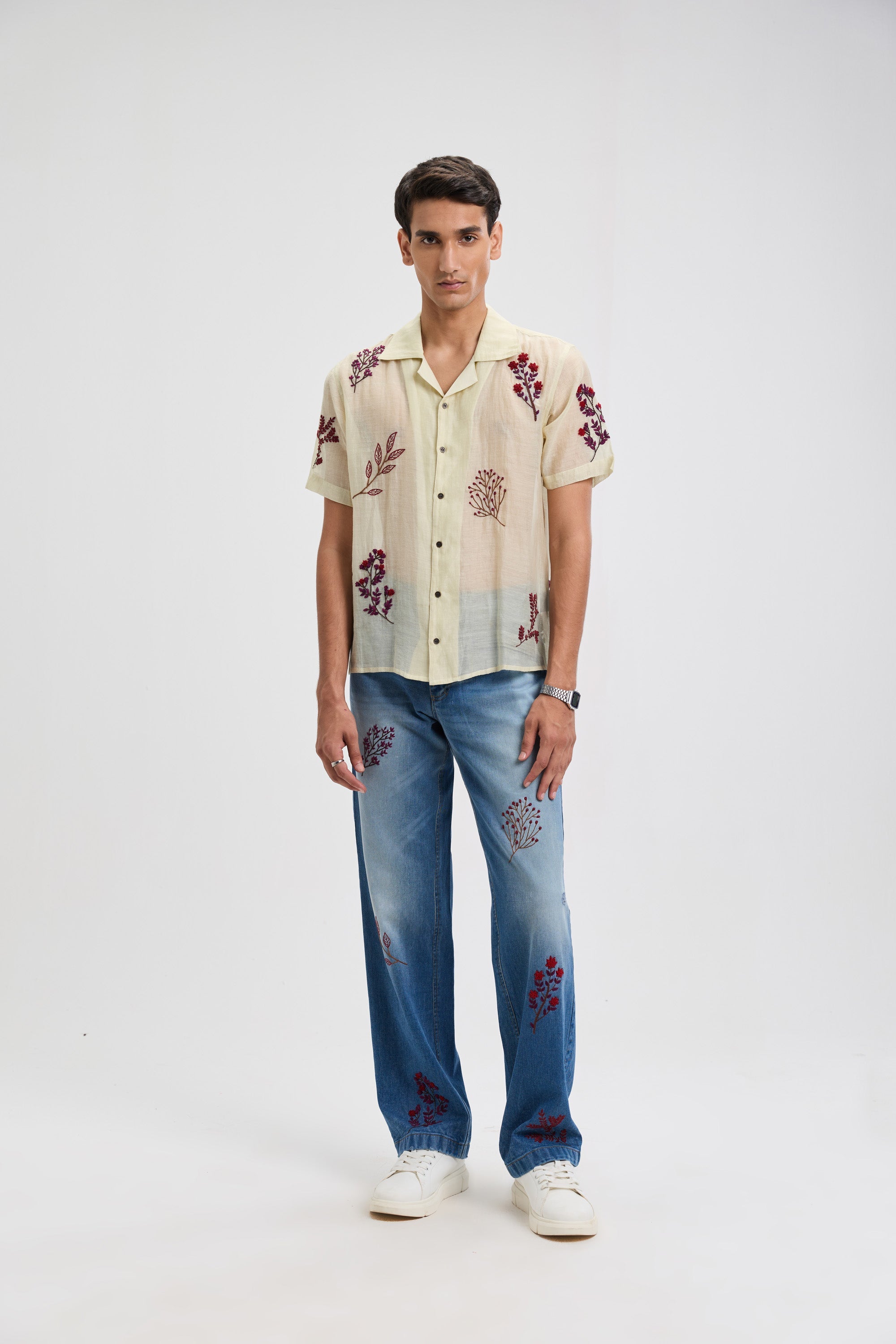 Tuscany floral hand embroidered straight fit jeans