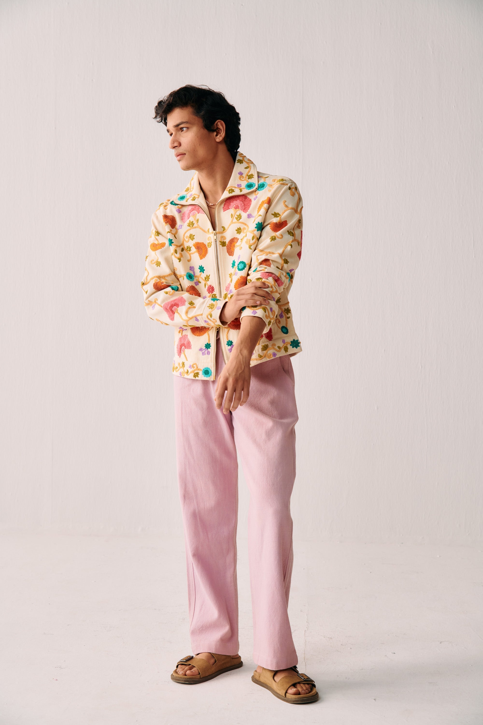 Fuzzy floral embroidered zip up jacket