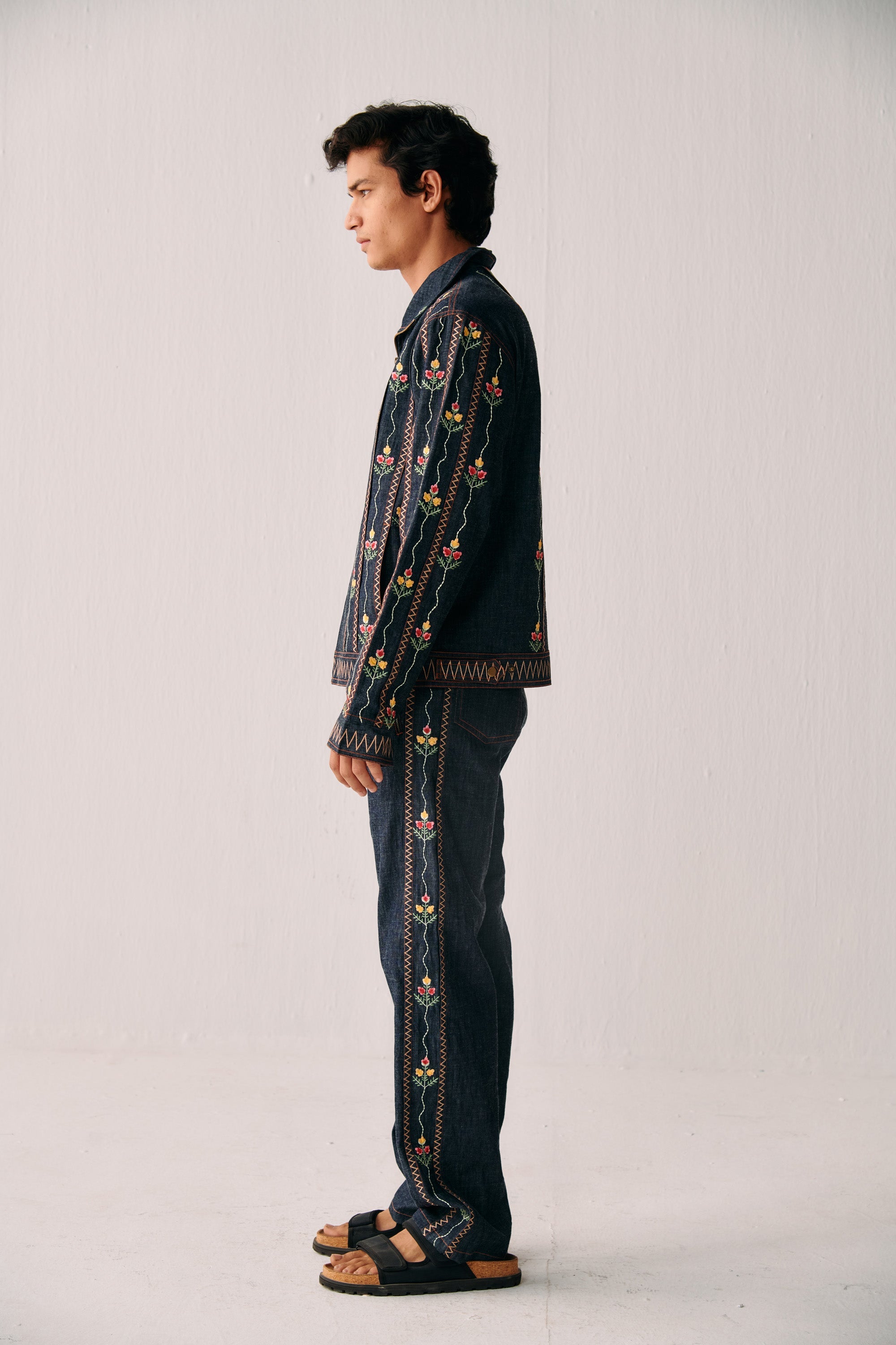 Floral embroidered racer denim jacket
